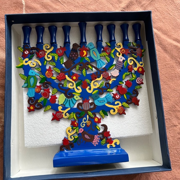 Laser Cut Hanukkah Menorah - Pomegranates + Birds, Cobalt Blue - Picture 4 of 10